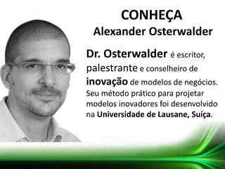 CONHEÇA
Alexander Osterwalder
Dr. Osterwalder é escritor,
palestrante e conselheiro de
inovação de modelos de negócios.
Seu método prático para projetar
modelos inovadores foi desenvolvido
na Universidade de Lausane, Suíça.
 