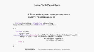 Построение сложного табличного интерфейса
Класс TableViewActions
- (CGFloat)tableView:(UITableView *)tableView
heightForRowAtIndexPath:(NSIndexPath *)indexPath {
. . .
CGFloat height;
if ([cellClass
respondsToSelector:@selector(heightForViewModel:atIndexPath:tableView:)]) {
height = [cellClass heightForViewModel:viewModel
atIndexPath:indexPath
tableView:tableView];
} else {
. . .
}
4. Если ячейки умеет сама рассчитывать
высоту, то возвращаем ее
 