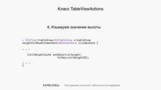 Построение сложного табличного интерфейса
Класс TableViewActions
- (CGFloat)tableView:(UITableView *)tableView
heightForRowAtIndexPath:(NSIndexPath *)indexPath {
. . .
[cellHeightCache setObject:@(height)
forKey:cellHeightID];
. . .
}
6. Кэшируем значение высоты
 