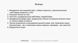 Построение сложного табличного интерфейса
Выводы
1. Внедрение view-моделей дает: слабую связность, дополнительный
слой между моделью и view
2. Никакой логики во view
3. Чистый и универсальный cellForRow, heightForRow
4. Внедрение билдера дает: разделение логики построения блоков ячеек
от логики сбора их вместе
5. Легкая возможность расширения данной схемы. Как появление новых
блоков/ячеек, так и появление новых экранов, например - для квестов!
6. Модульность кода
 