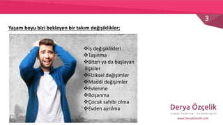 3
www.DeryaOzcelik.com
Yaşam boyu bizi bekleyen bir takım değişiklikler;
İş değişiklikleri
Taşınma
Biten ya da başlayan
ilişkiler
Fiziksel değişimler
Maddi değişimler
Evlenme
Boşanma
Çocuk sahibi olma
Evden ayrılma
 