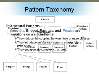 Pattern Taxonomy
 Structural Patterns

Adapters, Bridges, Facades, and Proxies are
variations on a single theme:

They reduce the coupling between two or more classes.
They introduce an abstract class to enable future
extensions.
They encapsulate complex structures.

 