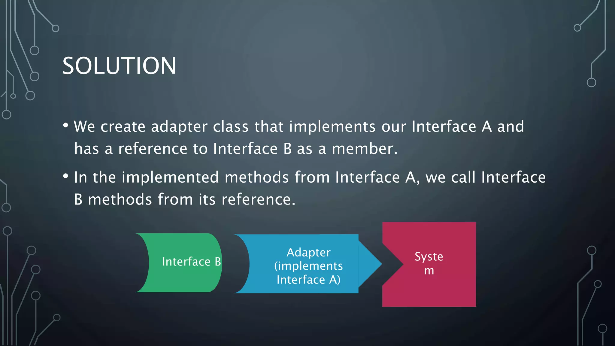 SOLUTION
• We create adapter class that implements our Interface A and
has a reference to Interface B as a member.
• In the implemented methods from Interface A, we call Interface
B methods from its reference.
Interface B
Adapter
(implements
Interface A)
Syste
m
 