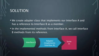 SOLUTION
• We create adapter class that implements our Interface A and
has a reference to Interface B as a member.
• In the implemented methods from Interface A, we call Interface
B methods from its reference.
Interface B
Adapter
(implements
Interface A)
Syste
m
 