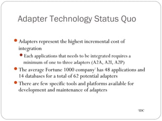 Adapter Technology Status Quo
Adapters represent the highest incremental cost of
integration
Each applications that needs to be integrated requires a
minimum of one to three adapters (A2A, A2I, A2P)
The average Fortune 1000 company1
has 48 applications and
14 databases for a total of 62 potential adapters
There are few specific tools and platforms available for
development and maintenance of adapters
1
IDC
 