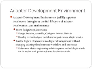 Adapter Development Environment
Adapter Development Environment (ADE) supports
developers throughout the full lifecycle of adapter
development and maintenance
From design to maintenance
Design, Develop, Assemble, Configure, Deploy, Maintain
Develop pre-built adapter models and support custom adapter models
Enable higher efficiencies in adapter development without
changing existing development workflow and processes
Define new adapter engineering and development methodologies which
can be applied with generic software development tools
 