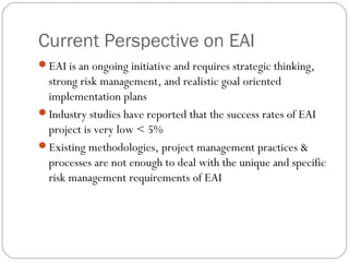 Current Perspective on EAI
EAI is an ongoing initiative and requires strategic thinking,
strong risk management, and realistic goal oriented
implementation plans
Industry studies have reported that the success rates of EAI
project is very low < 5%
Existing methodologies, project management practices &
processes are not enough to deal with the unique and specific
risk management requirements of EAI
 