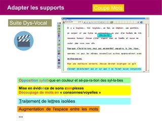 Adapter les supports Coupe Mots
Suite Dys-Vocal
Opposition syllabique en couleur et sé-pa-ra-tion des syl-la-bes
Mise en é...