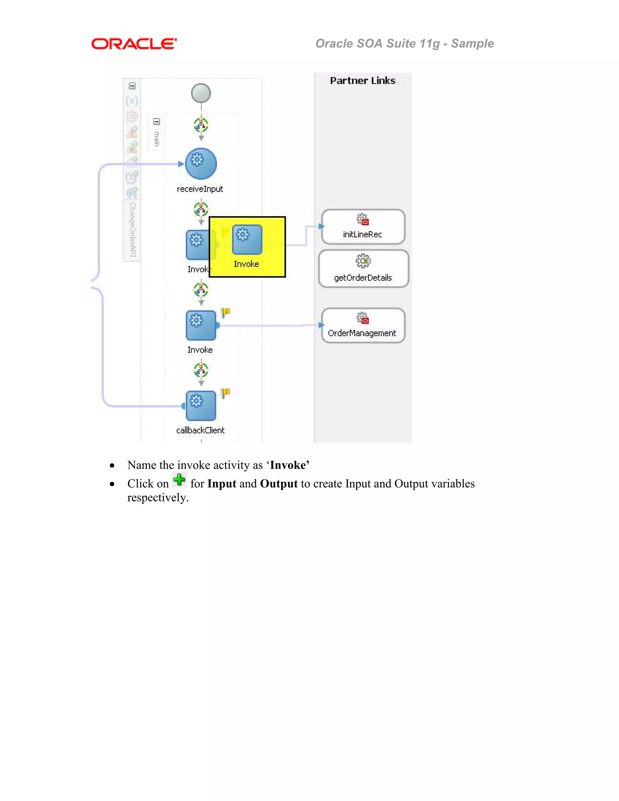Oracle SOA Suite 11g - Sample
• Name the invoke activity as ‘Invoke’
• Click on for Input and Output to create Input and Output variables
respectively.
 