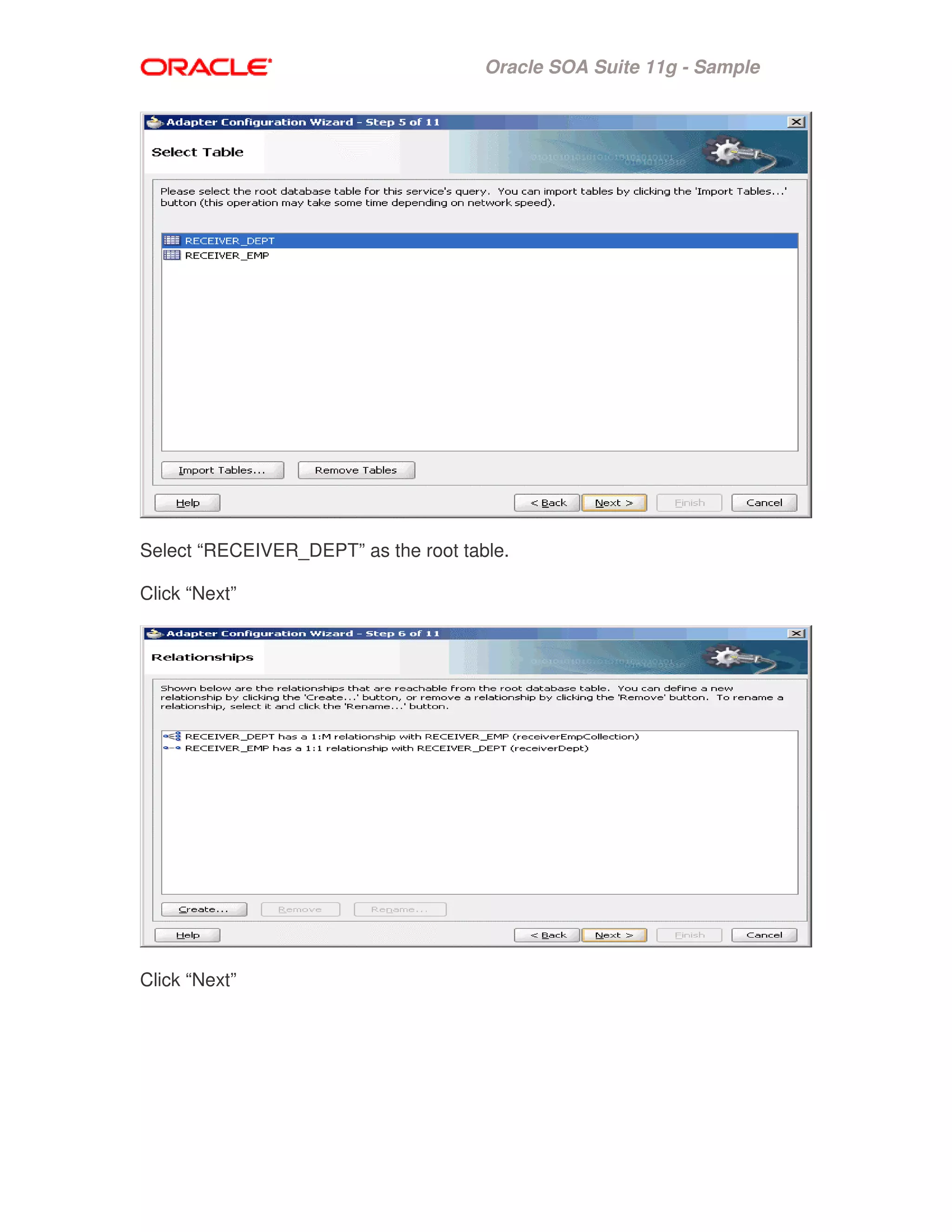 Oracle SOA Suite 11g - Sample
Select “RECEIVER_DEPT” as the root table.
Click “Next”
Click “Next”
 