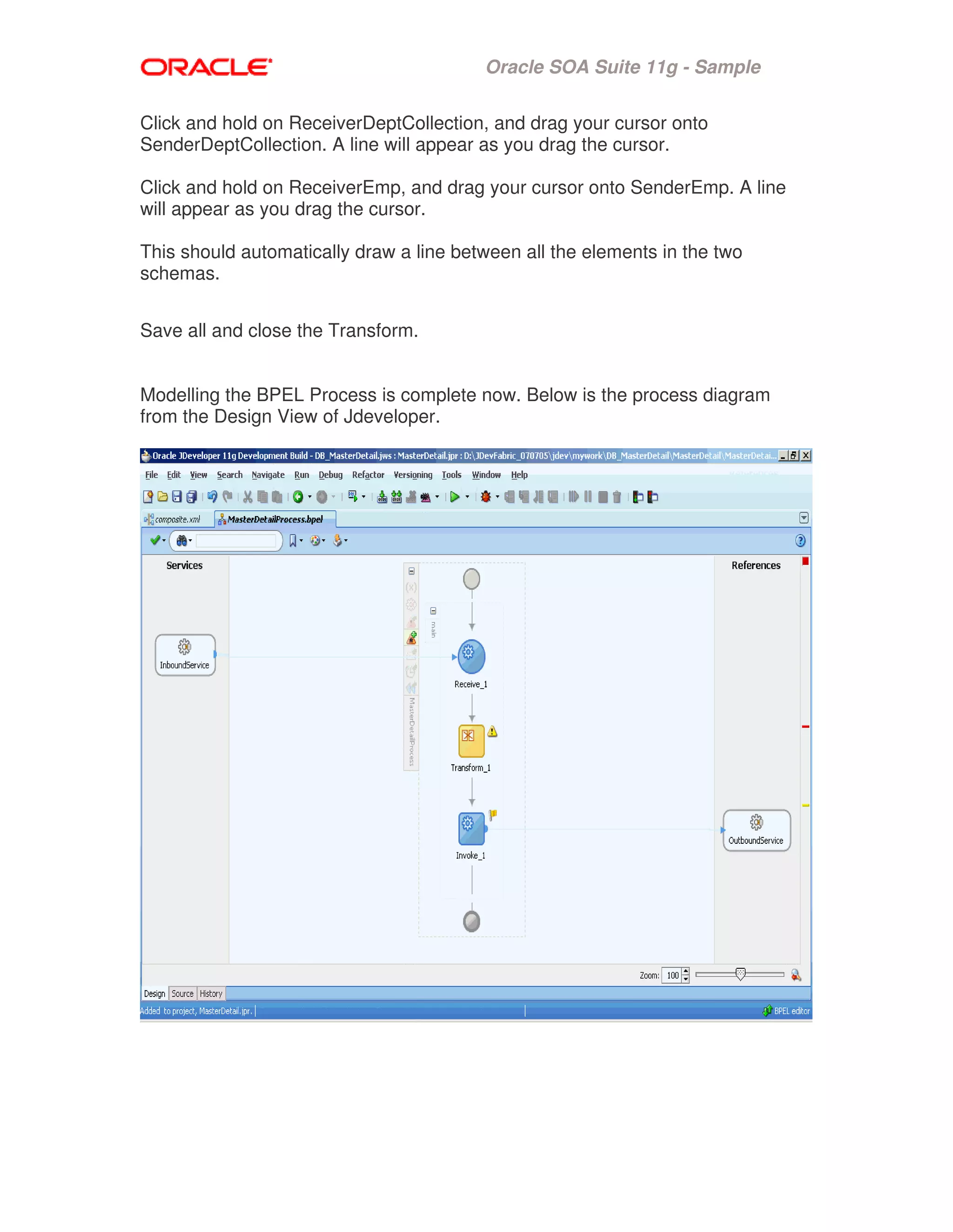 Oracle SOA Suite 11g - Sample
Click and hold on ReceiverDeptCollection, and drag your cursor onto
SenderDeptCollection. A line will appear as you drag the cursor.
Click and hold on ReceiverEmp, and drag your cursor onto SenderEmp. A line
will appear as you drag the cursor.
This should automatically draw a line between all the elements in the two
schemas.
Save all and close the Transform.
Modelling the BPEL Process is complete now. Below is the process diagram
from the Design View of Jdeveloper.
 