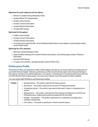 Device Features
41
Optimized for quick response and low latency
l Minimize or disable Interrupt Moderation Rate.
l Disable Offload TCP Segmentation.
l Disable Jumbo Packets.
l Increase Transmit Descriptors.
l Increase Receive Descriptors.
l Increase RSS Queues.
Optimized for throughput
l Enable Jumbo Packets.
l Increase Transmit Descriptors.
l Increase Receive Descriptors.
l On systems that support NUMA, set the Preferred NUMA Node on each adapter to achieve better scaling
across NUMA nodes.
Optimized for CPU utilization
l Maximize Interrupt Moderation Rate.
l Keep the default setting for the number of Receive Descriptors; avoid setting large numbers of Receive
Descriptors.
l Decrease RSS Queues.
l In Hyper-V environments, decrease the Max number of RSS CPUs.
Performance Profile
Performance Profiles are supported on Intel® 10GbE adapters and allow you to quickly optimize the performance of
your Intel® Ethernet Adapter. Selecting a performance profile will automatically adjust some Advanced Settings to
their optimum setting for the selected application. For example, a standard server has optimal performance with only
two RSS (Receive-Side Scaling) queues, but a web server requires more RSS queues for better scalability.
You must install Intel® PROSet to use Performance profiles.
Profiles l Standard Server – This profile is optimized for typical servers.
l Web Server – This profile is optimized for IIS and HTTP-based web servers.
l Virtualization Server – This profile is optimized for Microsoft’s Hyper-V virtualization envir-
onment.
l Storage Server – This profile is optimized for Fibre Channel over Ethernet or for iSCSI over
DCB performance. Selecting this profile will disable SR-IOV and VMQ.
l Storage + Virtualization – This profile is optimized for a combination of storage and vir-
tualization requirements.
l Low Latency – This profile is optimized to minimize network latency.
 