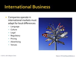 ¡  Companies	
  operate	
  in	
  
international	
  markets	
  must	
  
adapt	
  for	
  local	
  diﬀerences:	
  
§  Langu...