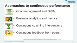 © 2016 Forrester Research, Inc. Reproduction Prohibited 16
Approaches to continuous performance
•  Goal management and OKRs
•  Business analytics and metrics
•  Continuous coaching interventions
•  Continuous feedback from peers
“Transform Employee Performance For Continuous Engagement” Feb.1 2016
Continuous
performance
 