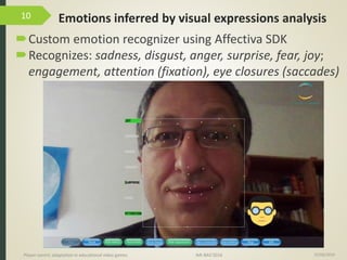 Emotions inferred by visual expressions analysis
Custom emotion recognizer using Affectiva SDK
Recognizes: sadness, disgust, anger, surprise, fear, joy;
engagement, attention (fixation), eye closures (saccades)
15/06/2016Player-centric adaptation in educational video games IMI-BAS’2016
10
 
