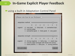 In-Game Explicit Player Feedback
using a built-in Adaptation Control Panel
15/06/2016Player-centric adaptation in educational video games IMI-BAS’2016
12
 