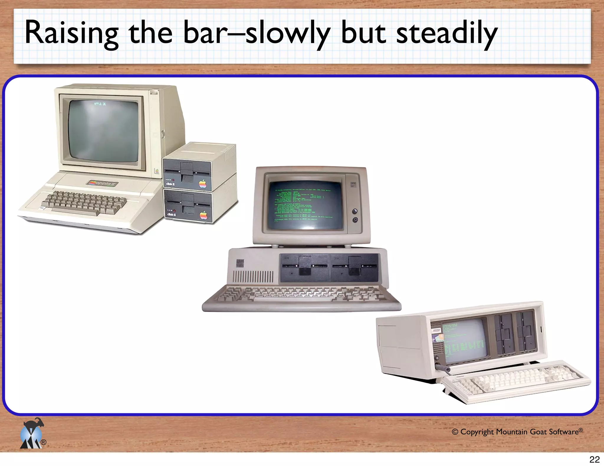 © Copyright Mountain Goat Software®
®
Raising the bar–slowly but steadily
22
 