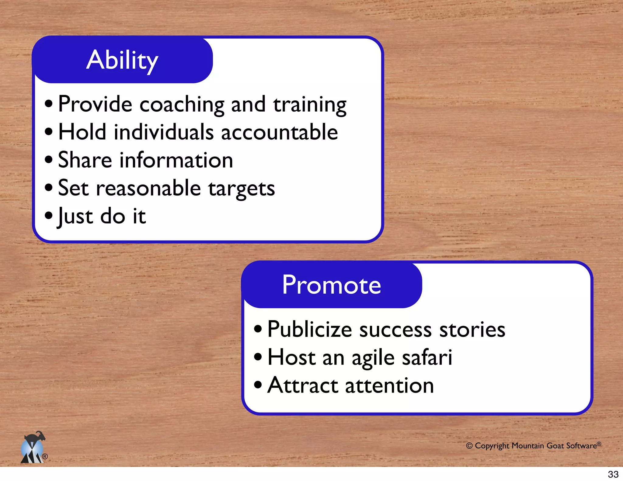 © Copyright Mountain Goat Software®
®
Ability
Provide coaching and training
Hold individuals accountable
Share information
Set reasonable targets
Just do it
Promote
Publicize success stories
Host an agile safari
Attract attention
33
 