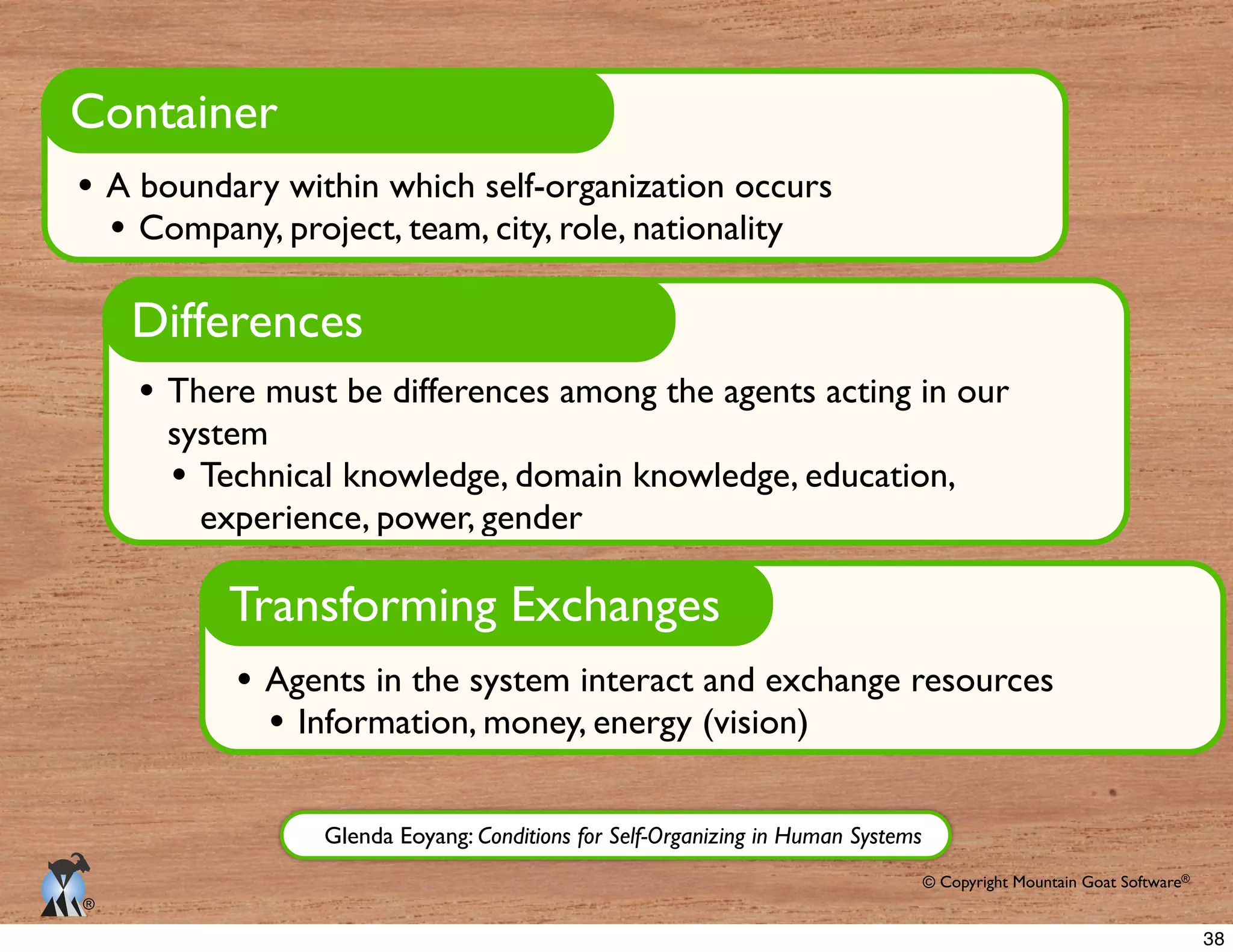 © Copyright Mountain Goat Software®
®
Container
Glenda Eoyang: Conditions for Self-Organizing in Human Systems
Differences
system
Transforming Exchanges
Information, money, energy (vision)
38
 