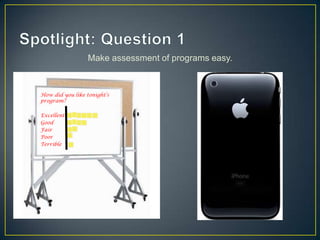 Make assessment of programs easy.
How did you like tonight’s
program?
Excellent
Good
Fair
Poor
Terrible
 