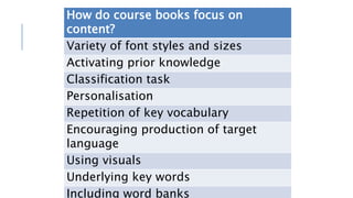 How do course books focus on
content?
Variety of font styles and sizes
Activating prior knowledge
Classification task
Personalisation
Repetition of key vocabulary
Encouraging production of target
language
Using visuals
Underlying key words
Including word banks
 
