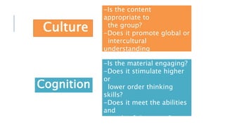 Culture
-Is the content
appropriate to
the group?
-Does it promote global or
intercultural
understanding
and awareness?
Cognition
-Is the material engaging?
-Does it stimulate higher
or
lower order thinking
skills?
-Does it meet the abilities
and
needs of the group?
 