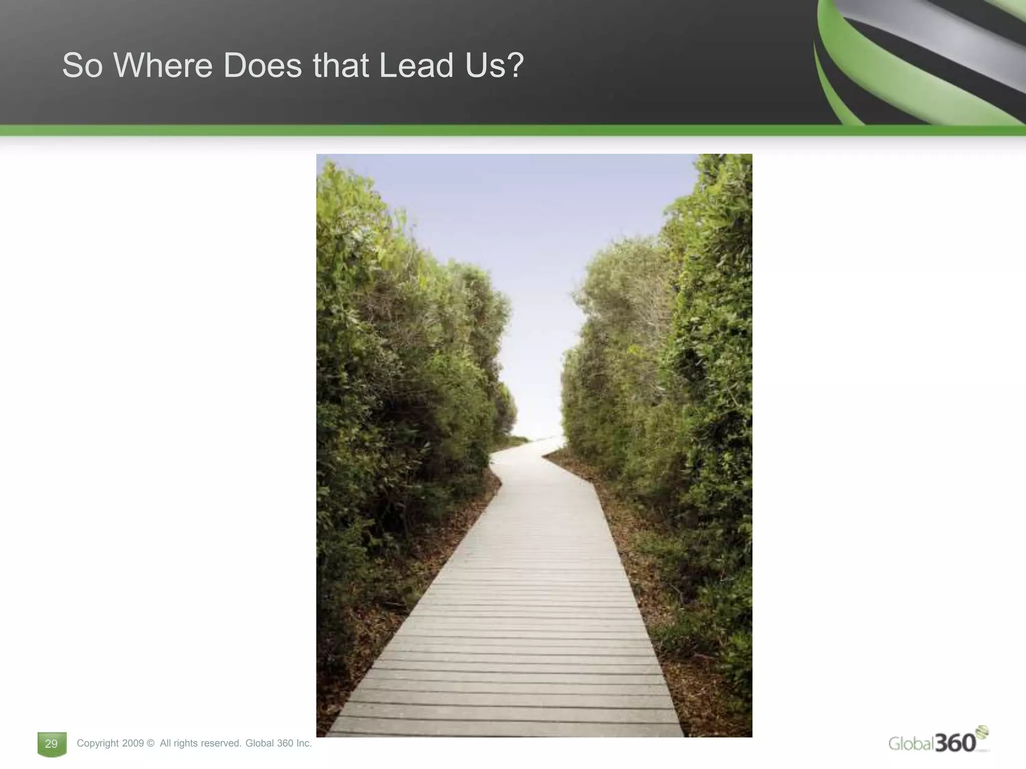 So Where Does that Lead Us?




29   Copyright 2009 © All rights reserved. Global 360 Inc.
 