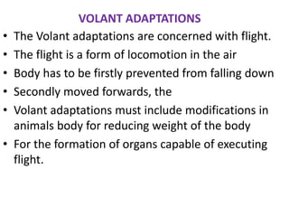 VOLANT ADAPTATIONS
• The Volant adaptations are concerned with flight.
• The flight is a form of locomotion in the air
• Body has to be firstly prevented from falling down
• Secondly moved forwards, the
• Volant adaptations must include modifications in
animals body for reducing weight of the body
• For the formation of organs capable of executing
flight.
 