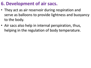 6. Development of air sacs.
• They act as air reservoir during respiration and
serve as balloons to provide lightness and buoyancy
to the body.
• Air sacs also help in internal perspiration, thus,
helping in the regulation of body temperature.
 