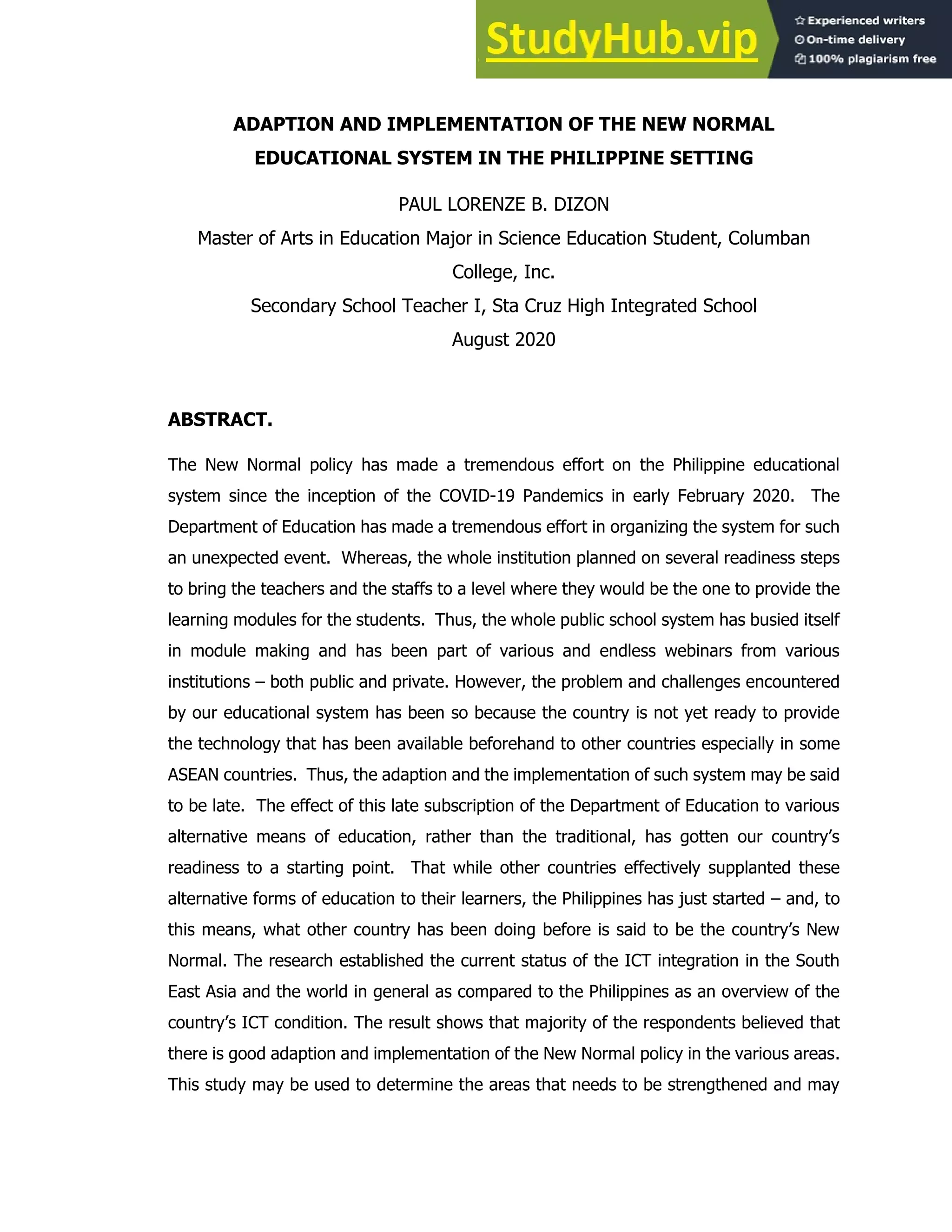 ADAPTION AND IMPLEMENTATION OF THE NEW NORMAL EDUCATIONAL SYSTEM IN THE ...