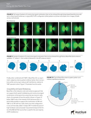 Page 8

Using All the Tools You Can



FIGURE 8: Full range of patterns of constructive signal combination that can be achieved through phase-based beamforming, with
two or three transmit antennas in a typical Wi-Fi AP’s configuration (other patterns not shown are simple mirror images of these
across a vertical axis).

Two Antennas




Three Antennas




FIGURE 9: Sample of patterns of constructive signal combination that can be achieved through Ruckus BeamFlex (total variations
available = 2n, where n = the number of elements in the AP’s antenna matrix)
 1                 2                   3                  4            5                     6                      2n


                                                                                                            •••




Finally, when combined with TxBF in BeamFlex 2.0, our asym-         FIGURE 10: Typical BeamFlex antenna system pattern and
                                                                    inherent interference reduction.
metric adaptive antenna patterns deliver better client connec-
tions while continuing to reduce self-interference, relative to                         dBi
                                                                                       10        Client
TxBF operation alone. Figure 11 illustrates how this works.                             5
                                                                                        0
                                                                                                             Typical
                                                                                        -5
                                                                                                             BeamFlex
                                                                                       -10
                                                                                                             Pattern
Compatibility with Spatial Multiplexing                                                -15
BeamFlex is the industry’s only multi-antenna approach that                            -20
                                                                                       -25
can support both spatial multiplexing and constructive signal                          -30
combination at the same time using only two transmit radio
chains. An example of how this works is shown in Figure 12
                                                                                                              10 – 15 db
below. [We’ll note in the interest of full disclosure that it is
                                                                                                              interference
technically possible to support the combination of SM and                                                     mitigation over more
TxBF on an AP with four radio chains, but that configuration                                                  than 180°

is not commercially viable in today’s Wi-Fi market because of
high hardware costs and power requirements beyond the lim-
its of the 802.3af PoE source that is used for the vast majority
of AP installations.]
                                                                                                                         Simply Better Wireless.
 