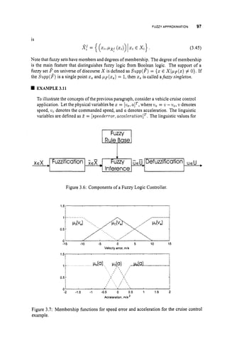 FUZZY APPROXIMATION 97
Fuzzification iGx Fuzzy ~ € 0
Inference ---
is
Defuzzification uEu
(3.45)
Note that fuzzy sets have members and degrees of membership. The degree of membership
is the main feature that distinguishes fuzzy logic from Boolean logic. The support of a
fuzzy set P on universe of discourse X is defined as Supp(P3)= {z E X I p p ( z )# 0). If
the Supp(F) is a single point z, and pp(z,) = 1,then z, is called afuzzy singleton.
EXAMPLE 3.11
To illustrate the concepts of the previous paragraph, consider a vehicle cruise control
application. Let the physical variables be z = [we, .IT, where u, = w -v,,w denotes
speed, w, denotes the commanded speed, and a denotes acceleration. The linguistic
variables are defined as 3 = [speederror,accele~ation]~.
The linguistic values for
Rule Base
Y
Figure 3.6: Components of a Fuzzy Logic Controller.
1.51 1
0.5
-15 -10 -5 0 5 10 15
Velocity error, mis
1.5
-2 -1.5 -1 -0.5 0 0.5 1 1.5 2
Acceleration, rnis
Figure 3.7: Membership functions for speed error and acceleration for the cruise control
example.
 