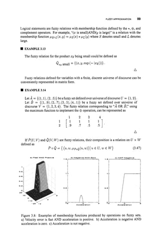 FUZZY APPROXIMATION 99
0.6
Logical statements are fuzzy relations with membership function defined by the *,$, and
complement operators. For example, “(2 is small)AND(y is large)” is a relation with the
membership function p s n ~ ( z ,
y) = pg(z)*p ~ ( y )
where Sdenotes small and L denotes
large.
1
EXAMPLE3.13
0.6
The fuzzy relation for the product zy being small could be defined as
Qzy small = { ( z i ~ i e x ~ ( -
Izyl))).
n
-
Fuzzy relations defined for variables with a finite, discrete universe of discourse can be
conveniently represented in matrix form.
EXAMPLE3.14
LetA = ((1, l),(2,.5)}beafuzzysetdefinedoveruniverseofdiscourseU = {1,2}.
Let B = ((1, .9), (2,.7),(3,.5), (4, .1)} be a fuzzy set defined over universe of
discourse V = {1,2,3,4}. The fuzzy relation corresponding to “AOR B,”using
the maximum function to implement the @ operation, can be represented as
4
n
If P(U,V )and Q(V,
W )are fuzzy relations, their composition is a relation on U x W
defined as
P 0 Q = { (u,
w,
ppoQ(u,w))
Iu E u,
w E W } (3.47)
1 -
O ’ L
%
Figure 3.8: Examples of membership functions produced by operations on fuzzy sets.
a) Velocity error is fast AND acceleration is positive. b) Acceleration is negative AND
acceleration is zero. c) Acceleration is not negative.
 