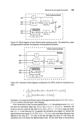DESIGNOF ONLINE LEARNINGSCHEMES 139
. . . . . . . . . . . . . . . . . . . .
I Online Learning Model 1
I
I
I - l-
., I
I t(0 &[L) ;-t I
1 --------- I
L - - - - - - - - - - - - - - - - - - -
Figure 4.7: Block diagram of error filtered online learning system. The dashed box under
the approximator indicates the dynamics of the parameter estimator.
r " " " - - - - " - - - - " -
Online Learning Model I
' I
I ' , I
I
I ....................................................
Estimator ':
S + h
, ......................................................
->
....................................................
L-,,,,-,,----------- I
Figure 4.8:Alternative block diagram configuration for EFOL model for dynamical sys-
tems.
Therefore, e(t )isequaltothefilteredversionoftheapproximation error f(z(t);b(t).8(t))
-
f*(z(t))
at time t;thus the term "error filtering."
A key observation is that if at some specific time t = tl, the estimation error e(t1) = 0,
this does not necessarily imply that f(z(t1);e(tl),&(tl))
= f*((z(tl)). Moreover, the
reverse is also not valid; the fact that f^(z(tl);e(tl),
8(tl)) = f'((z(t1)) does not imply
that e(tl) = 0 (see Exercise 4.2). In general, the estimation error signal e(t) follows the
approximation error signal f*(z(t);
@t),
8(t))
- f*((z(t))with some decay dynamics that
depend on the value of A. It is easy to see that the larger the value of X the closer the
estimation error will follow the approximation error. On the other hand, in the presence
 