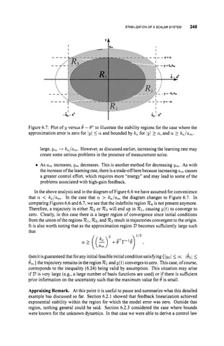 STABILIZATIONOF A SCALAR SYSTEM 249
Figure 6.7: Plot of y versus 6 - 8* to illustrate the stability regions for the case where the
approximation error is zero for IyI 5 cy and bounded by k, for IyI 2 a,and cy 2 k,/a,.
large, ynL--$ k,/a,. However, as discussed earlier, increasing the learning rate may
create some serious problems in the presence of measurement noise.
As a, increases, y
, decreases. This is another method for decreasing ym. As with
the increase ofthe learning rate, there is a trade-off here because increasing a, causes
a greater control effort, which requires more “energy” and may lead to some of the
problems associated with high-gain feedback.
In the above analysis and in the diagram of Figure 6.6we have assumed for convenience
that cy < k,/a,. In the case that a > ke/am the diagram changes to Figure 6.7. In
comparing Figures 6.6and 6.7,we see that the indefinite region R
d is not present anymore.
Therefore, a trajectory in either R
z or R
3 will end up in 2 1 , causing y ( t ) to converge to
zero. Clearly, in this case there is a larger region of convergence since initial conditions
from the union of the regions R1,
Rz,
and R
3 result in trajectories convergent to the origin.
It is also worth noting that as the approximation region D becomes sufficiently large such
that
then it isguaranteed that foranyinitial feasibleinitial condition satisfying {1901 5 a; 1601 5
6,) the trajectory remains inthe region R
1and y(t) convergestozero. This case, of course,
corresponds to the inequality (6.24) being valid by assumption. This situation may arise
if ’13 is very large (e.g., a large number of basis functions are used) or if there is sufficient
prior information on the uncertainty such that the maximum value for 8is small.
Appraising Remark. At this point it is useful to pause and summarize what this detailed
example has discussed so far. Section 6.2.1 showed that feedback linearization achieved
exponential stability within the region for which the model error was zero. Outside that
region, nothing general could be said. Section 6.2.3 considered the case where bounds
were known for the unknown dynamics. In that case we were able to derive a control law
 