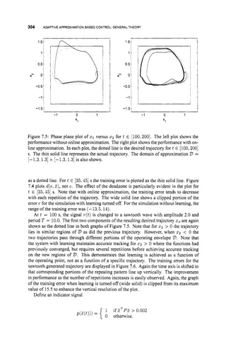 304 ADAPTIVEAPPROXIMATION
BASED CONTROL:GENERAL THEORY
1.51
I
I!
0.5I
x" oi
i
-0.51
-I
1
-1.5t
I I 1
-1 0 1 -1 0 1
X I
Figure 7.5: Phase plane plot of 2 1 versus 2 2 for t E [loo,
ZOO]. The left plot shows the
performance without online approximation. The right plot shows the performance with on-
line approximation. In each plot, the dotted line is the desired trajectory for t E [loo,
2001
s. The thin solid line represents the actual trajectory. The domain of approximation V =
[-1.3. 1.31x [-1.3.1.31 is also shown.
as a dotted line. Fort E 135.451 s the training error is plotted as the thin solid line. Figure
7.4 plots d(e,i),
not e. The effect of the deadzone is particularly evident in the plot for
t E [35.45]s. Note that with online approximation, the training error tends to decrease
with each repetition of the trajectory. The wide solid line shows a clipped portion of the
error e for the simulation with learning turned off. For the simulation without learning, the
range of the training error was (-13.5.14).
At t = 100 s, the signal r(t)is changed to a sawtooth wave with amplitude 2.0 and
period T = 10.0.
The first two components of the resulting desired trajectory xd are again
shown as the dotted line in both graphs of Figure 7.5. Note that for z2 > 0 the trajectory
lies in similar regions of D as did the previous trajectory. However, when 2 2 < 0 the
two trajectories pass through different portions of the operating envelope 2
)
. Note that
the system with learning maintains accurate tracking for 2 2 > 0 where the functions had
previously converged, but requires several repetitions before achieving accurate tracking
on the new regions of V.This demonstrates that learning is achieved as a function of
the operating point, not as a function of a specific trajectory. The training errors for the
sawtooth generated trajectory are displayed in Figure 7.6. Again the time axis is shifted to
that corresponding portions of the repeating pattern line up vertically. The improvement
in performance as the number of repetitions increases is easily observed. Again, the graph
of the training error when learning is turned off (wide solid) is clipped from its maximum
value of 15.5to enhance the vertical resolution of the plot.
Define an indicator signal
1 i f i T P i > 0.002
0 otherwise.
 