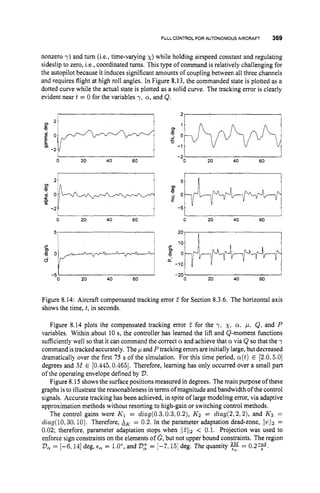 FULL CONTROLFOR AUTONOMOUS AIRCRAFT 369
nonzero y) and turn (i.e., time-varying x)while holding airspeed constant and regulating
sideslip to zero, i.e., coordinated turns. This type of command is relatively challenging for
the autopilot because it induces significant amounts of coupling between all three channels
and requires flight at high roll angles. In Figure 8.13, the commanded state is plotted as a
dotted curve while the actual state is plotted as a solid curve. The tracking error is clearly
evident near t = 0 for the variables y,a,and Q.
0 20 40 60
L
0 20 40 60
L I
0 20 40 60
“I I
I I
0 20 40 60
r n
20
-5‘ 1
0 20 40 60
-20L 1
0 20 40 60
Figure 8.14: Aircraft compensated tracking error E for Section 8.3.6. The horizontal axis
shows the time, t,in seconds.
Figure 8.14 plots the compensated tracking error for the y: x,a: p, Q, and P
variables. Within about 10 s, the controller has learned the lift and Q-moment functions
sufficiently well sothat it can command the correct cv and achieve that cv via Q so that the y
command istracked accurately. The p and Ptracking errors are initially large,but decreased
dramatically over the first 75 s of the simulation. For this time period, ~ ( t )
E [2.0,5.0]
degrees and hl E [0.445,0.4651. Therefore, learning has only occurred over a small part
of the operating envelope defined by V.
Figure 8.15 shows the surface positions measured in degrees. The main purpose of these
graphs is to illustrate the reasonableness in terms of magnitude andbandwidth of the control
signals. Accurate tracking has been achieved, in spite of large modeling error, via adaptive
approximation methods without resorting to high-gain or switching control methods.
The control gains were K1 = diag(0.3,0.3,0.2), K2 = diag(2:2,2),and K3 =
diag(l0,30:10). Therefore, X K = 0.2. In the parameter adaptation dead-zone, j ( ~ l ( 2
=
0.02; therefore, parameter adaptation stops- when (l.i1/2 < 0.1. Projection was used to
enforce sign constraints on the elements of G, but not upper bound constraints. The region
V, = [-6,141 deg, E , = 1.0”,and V
: = [-7,151 deg. The quantity = 0 . 2 y .
 