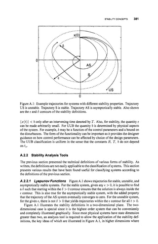 STABILITY CONCEPTS 381
I
0
Figure A.1: Example trajectories for systems with different stability properties. Trajectory
US is unstable. Trajectory S is stable. Trajectory AS is asymptotically stable. Also shown
are the E and b contours of the stability definitions.
[[z(t)ll
< b only after an intervening time denoted by T. Also, for stability, the quantity E
can be made arbitrarily small. For UUB the quantity b is determined by physical aspects
of the system. For example, b may be a hnction of the control parameters and a bound on
the disturbances. The form of the functionality can be important as it provides the designer
guidance on how control performance can be affected by choice of the design parameters.
The UUB classification is uniform in the sense that the constants R, T, b do not depend
on to.
A.2.2 StabilityAnalysis Tools
The previous section presented the technical definitions of various forms of stability. As
written, the definitions are not easily applicable to the classification of systems. This section
presents various results that have been found useful for classifying systems according to
the definitions of the previous section.
A.2.2.7 LyapunovFunctions Figure A.1 showstrajectories for stable, unstable, and
asymptotically stable systems. For the stable system, given any E > 0, it is possible to find
a 6 such that starting within the 6 > 0 contour ensures that the solution is always inside the
E contour. This is also true for the asymptotically stable system, with the added property
that the trajectory of the AS system eventually converges to zero. For the unstable system,
for the given E , there is not b > 0 that yields trajectories within the E contour for all t > 0.
Figure A.l illustrates the stability definitions in a two-dimensional plane. The two-
dimensional case is special since it is the highest order system that can be conveniently
and completely illustrated graphically. Since most physical systems have state dimension
greater than two, an analysis tool is required to allow the application of the stability def-
initions, the key ideas of which are illustrated in Figure A.l, in higher dimensions where
 