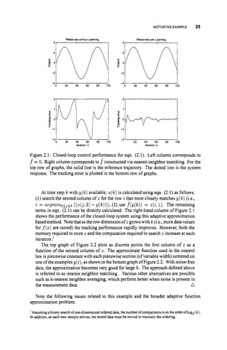 MOTIVATINGEXAMPLE 25
Response without Learning
4
-
-4 -
0 20 40 60 80 100
Response with Learning
4
-
-4 -
0 20 40 60 80 100
-0 20 40 60 80 100
iteration,k
20 40 60 80 100
iteration,k
Figure 2.1: Closed-loop control performance for eqn. (2.I). Left column corresponds to
f = 0. Right column corresponds to fconstructed via nearest neighbor matching. For the
top row of graphs, the solid line is the reference trajectory. The dotted line is the system
response. The tracking error is plotted in the bottom row of graphs.
At time step k with y(k) available, ~ ( k )
is calculated using eqn. (2.1) as follows:
(1) search the second column of z for the row i that most closely matches y(k) (i.e.,
i = argmino<j<k (iiz(j,2) -y(k)ll), (2) use f(y(k)) = z(i,1). The remaining
terms in eqn. (2.1) can be directly calculated. The right-hand column of Figure 2.1
shows the performance of the closed-loop system using this adaptive approximation
basedmethod. Note that asthe row dimension of z growswith k (i.e., more data values
for f(z)
are stored) the tracking performance rapidly improves. However, both the
memory required to store z and the computation required to search z increase at each
iteration.'
The top graph of Figure 2.2 plots as discrete points the first column of z as a
function of the second column of z. The approximate function used in the control
law is piecewise constant with each piecewise section (of variable width) centered on
one oftheexamples y(i), as shown in the bottom graph ofFigure 2.2. With noise-free
data, the approximation becomes very good for large k. The approach defined above
is referred to as nearest neighbor matching. Various other alternatives are possible
such as k-nearest neighbor averaging, which perform better when noise is present in
the measurement data. n
Note the following issues related to this example and the broader adaptive function
approximation problem:
'Assuming abinaly searchof one-dimensionalordereddata,the numberof comparisonsison the orderof log2(k).
In addition,as each new sample amves, the stored data must be moved to maintain the ordering.
 