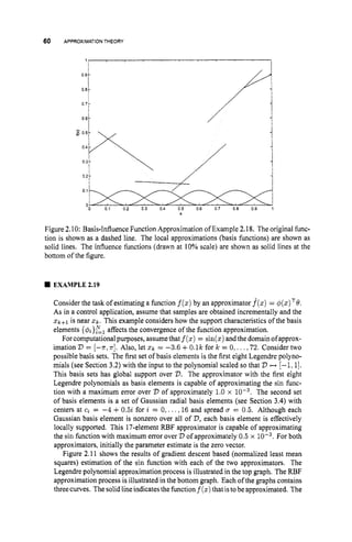 60 APPROXIMATIONTHEORY
-
$ 0 5 -
0 4 -
0 3 -
0 2
0 1
0.6


Figure 2.10: Basis-Influence Function Approximation of Example 2.18. The original func-
tion is shown as a dashed line. The local approximations (basis functions) are shown as
solid lines. The influence functions (drawn at 10% scale) are shown as solid lines at the
bottom of the figure.
EXAMPLE 2
.
1
9
Consider the task of estimating a function f
(
z
)
by an approximator f(z)=
As in a control application, assume that samples are obtained incrementally and the
z k f l is near x k . This example considers how the support characteristics of the basis
elements {r+f~i}& affects the convergence of the function approximation.
For computational purposes, assumethat f
(
z
)
= sin(z)andthe domain ofapprox-
imation D = [-T, 7r]. Also, let x k = -3.6 +0.lk for k = 0, .. .,72. Consider two
possible basis sets. The first set of basis elements is the first eight Legendre polyno-
mials (see Section 3.2) with the input to the polynomial scaled so that 'D H [-1,1].
This basis sets has global support over 'D. The approximator with the first eight
Legendre polynomials as basis elements is capable of approximating the sin func-
tion with a maximum error over '
D of approximately 1.0 x The second set
of basis elements is a set of Gaussian radial basis elements (see Section 3.4) with
centers at ci = -4 +0.52 for i = 0,...,16and spread = 0.5. Although each
Gaussian basis element is nonzero over all of D,each basis element is effectively
locally supported. This 17-element RBF approximator is capable of approximating
the sin function with maximum error over 'D of approximately 0.5 x low3.For both
approximators, initially the parameter estimate is the zero vector.
Figure 2.11 shows the results of gradient descent based (normalized least mean
squares) estimation of the sin function with each of the two approximators. The
Legendre polynomial approximation process is illustrated in the top graph. The RBF
approximation process is illustrated in the bottom graph. Each of the graphs contains
threecurves. The solidlineindicatesthe function f(z)that istobe approximated. The
 