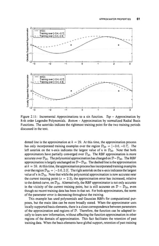 APPROXIMATORPROPERTIES 61
A
B
- sin(x)
Trainingover [-3.4,-0 7
1
1H- - Trainingover [-3.4, 2.31 - ----- - - 1
_ _ - - - _
I I
Figure 2.11: Incremental Approximations to a sin function. Top - Approximation by
8-th order Legendre Polynomials. Bottom - Approximation by normalized Radial Basis
Functions. The asterisks indicate the rightmost training point for the two training periods
discussed in the text.
dotted line is the approximation at k = 29. At this time, the approximation process
has only incorporated training examples over the region V29 = [-3.6, -0.71. The
left asterisk on the x-axis indicates the largest value of x in D29. Note that both
approximators have partially converged over V29. The RBF approximation is more
accurate over V2g. Thepolynomial approximation has changed onV-V29. The RBF
approximation islargely unchanged on V-V29. The dashed line isthe approximation
at k = 59. At this time, theapproximation process has incorporated training examples
overtheregionD29 = [-3.6,2.3]. Therightasteriskonthex-axis indicates thelargest
value of x in 2759. Note that while the polynomial approximation is now accurate near
the current training point (z = 2.3), the approximation error has increased, relative
to the dotted curve, on V29. Alternatively,the RBF approximator is not only accurate
in the vicinity of the current training point, but is still accurate on V - V29, even
though no recent training data has been in that set. For both approximators, the norm
of the parameter error is decreasing throughout the training.
This example has used polynomials and Gaussian RBFs for computational pur-
poses, but the main idea can be more broadly stated. When the approximator uses
locally supportedbasis elements, there is a close correspondence between parameters
of the approximation and regions of V.Therefore, the function can be adapted lo-
cally to learn new information, without affecting the function approximation in other
regions of the domain of approximation. This fact facilitates the retention of past
training data. When the basis elements have global support, retention of past training
 