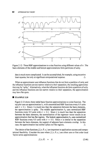 62 APPROXIMATIONTHEORY
1 2 3
r" 1
-1
-3 -2 -1 0 1 2 3
-3 -2 -1 0 1 2 3
X
Figure 2.12: Three RBF approximations to a sine function using different values of g. The
basis elements of the middle and bottom approximations form partitions of unity.
data is much more complicated. It can be accomplished, for example, using recursive
n
least squares, but only at significant computational expense.
When an approximator uses influence functions that do not form a partition of unity and
the influence functions are too narrow relative to their separation, the resulting approxima-
tion may be "spiky." Alternatively, when the influence functions do form a partition of unity
and the influence functions are too narrow relative to their separation, the approximation
may have flat spots.
EXAMPLE 2.20
Figure 2.12 shows three radial basis function approximations to a sine function. The
top plot uses an approximation hl with unnormalized RBF functions every 0.5 units
and u = 0.1. Since u is much less than the separation between the basis elements,
the approximation is spiky. The middle approximation hz uses normalized RBF
functions every 0.5 units with D = 0.1. Since r is much less than the separation
between the basis elements, the normalization of the regressor vector results in an
approximation that has flat regions. The bottom approximation h3 uses normalized
RBF functions every 0.5 units with u = 0.5. Since u is similar to the separation
between the basis elements, the support of adjacent basis elements overlap. In this
n
case, the approximation has neither spikes nor flat regions.
The choice of the functions fi(x,8;xi)are important to application success and compu-
tational feasibility. Consider the case where fi(x,8;xi)are either zero or first order local
Taylor series approximations:
f i ( ~ , 8 ) = A (2.46)
 