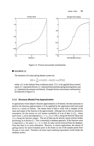 MODEL TYPES 73
1 5 -
1 -
0.5
0 -
Actuator Nonlinearity
r
Friction force
2
1
-5 0 5
Velocity, v
0 5
Commanded Force, f
Figure 3.2: Friction and actuator nonlinearities.
H EXAMPLE3.2
The dynamics of a mass-spring-damper system are
1
m
?(t)= - [-h (i-(t))
- k ( z ( t ) )+g ( F ( t ) ) ]
where z(t)is the distance from a reference point, F(t)is the applied force (control
input), h(.) represents friction, k(.)represents the nonlinear spring restoring force,and
g(,)represents the actuator nonlinearity. Example friction and actuator nonlinearities
n
are depicted in Figure 3.2.
3.1.2 Structure (Model) Free Approximation
In applications where adaptive function approximation is of interest, the data necessary to
perform the functions approximation will be supplied by the application itself and could
arrive in a variety of formats. The easiest form of data to work with is samples of the
input and output of the function to be approximated. Although this is often an unrealistic
assumption, for this section we will assume availability of a set of data {zt}pl,
where
each vector z, can be decomposed as z, = [z,, f(z,)]
with z, being the function inputs and
f(z,) being the function outputs. This set of data can be directly stored without further
processing, as in Section 2.1. This is essentially a database approach. If the function value
is required at xJ for some 1 5 j 5 m, then its value can be retrieved from the database.
Note that there is no noise attenuation. However, in control applications, the chance of
getting exactly the same evaluation point in the future as one of the sample points from
the past is very small. Therefore, the exact input matching requirement would render the
database useless.
 