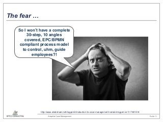 The fear …
So I won’t have a complete
30-step, 10 angles
covered, EPC/BPMN
compliant process model
to control, uhm, guide
...