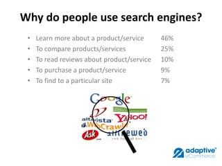 Why do people use search engines?
 •   Learn more about a product/service      46%
 •   To compare products/services      ...