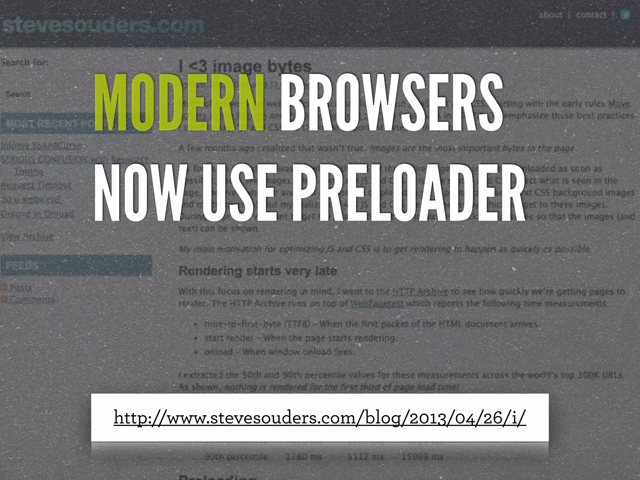 http://www.stevesouders.com/blog/2013/04/26/i/
MODERN BROWSERS
NOW USE PRELOADER
 
