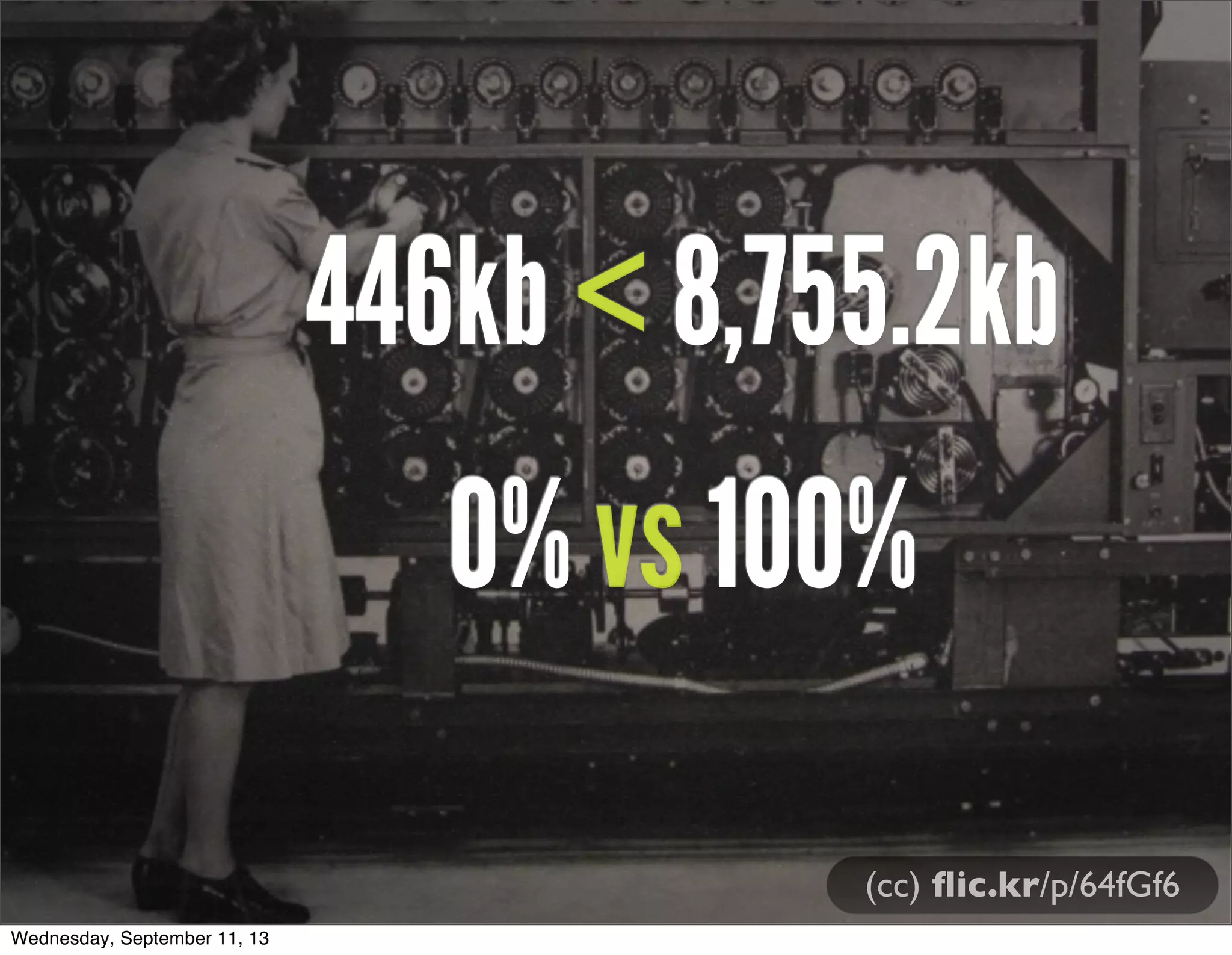 446kb < 8,755.2kb
(cc) ﬂic.kr/p/64fGf6
0% vs 100%
Wednesday, September 11, 13
 