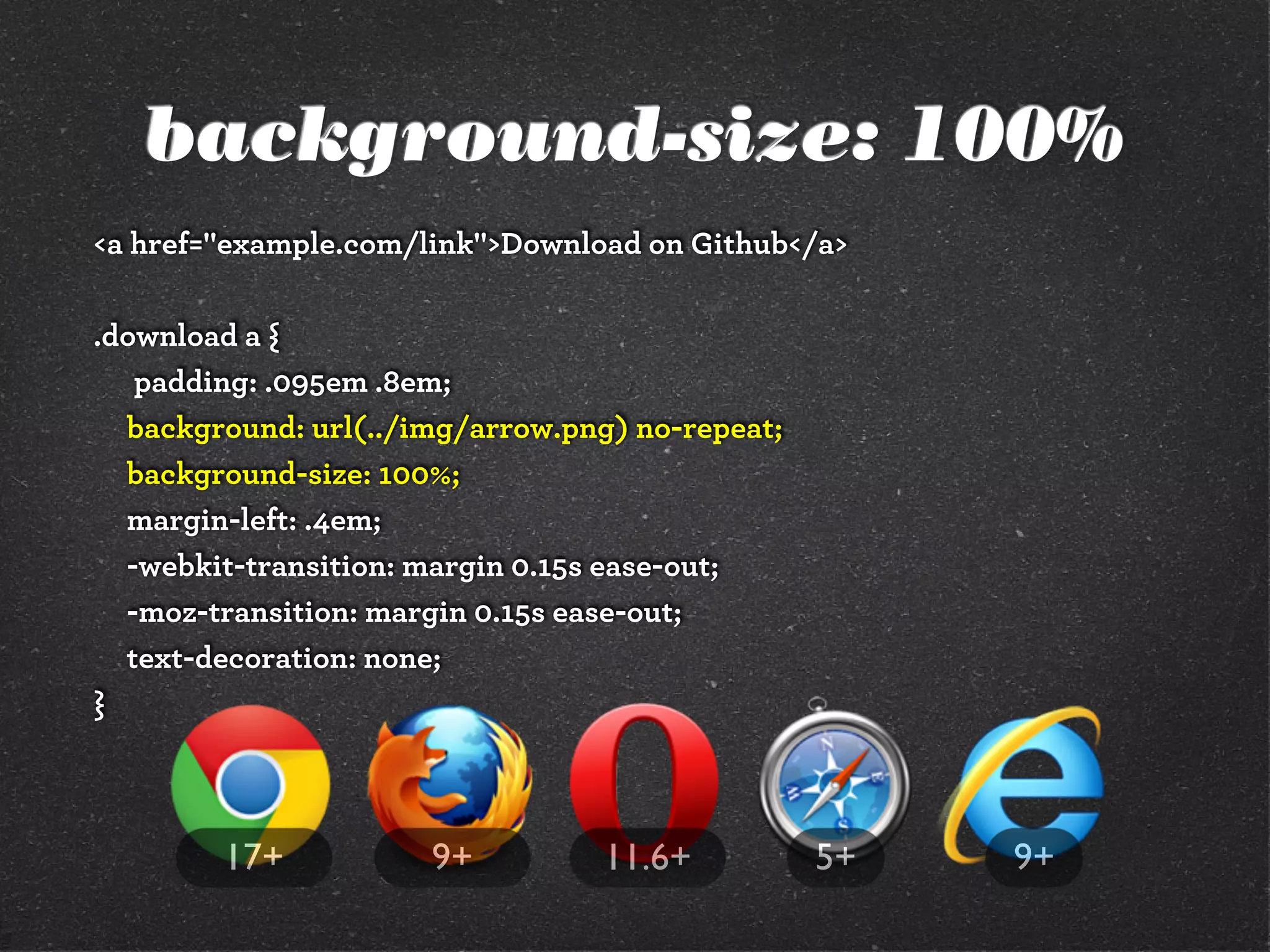 background-size: 100%
<a href="example.com/link">Download on Github</a>

.download a {
   padding: .095em .8em;
  background: url(../img/arrow.png) no-repeat;
  background-size: 100%;
  margin-left: .4em;
  -webkit-transition: margin 0.15s ease-out;
  -moz-transition: margin 0.15s ease-out;
  text-decoration: none;
}



        17+           9+          11.6+          5+   9+
 