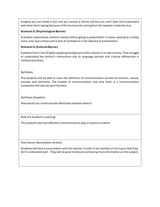 Imagine you are inside a bus and you receive a phone call but you can’t hear and understand
well what she’s saying because of the loud sound coming from the speaker inside the bus.
Scenario 3: (Psychological Barrier)
A student experiences extreme anxiety before giving a presentation in class, leading to a shaky
voice, poor eye contact and a lack of confidence in her delivery of presentation.
Scenario 4: (Cultural Barrier)
A patient from a non-English speaking background visits a doctor in a new country. They struggle
to understand the doctor’s instructions due to language barriers and cultural differences in
medical practices.
Synthesis
The students will be able to learn the definition of communication as well as function, nature,
process and elements. The modals of communication and why there is a communication
breakdown will also be learn by them.
Synthesis Question:
How would you communicate effectively towards others?
RUA of a Student’s Learning:
The students see how effective communications play in various contexts.
Post-lesson Remediation Activity:
Students will have a consultation with the teacher in order to be clarified on the topics that they
don’t understand well. They will be given handouts containing more information on the subject.
 