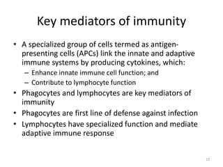 Key mediators of immunity
• A specialized group of cells termed as antigen-
presenting cells (APCs) link the innate and adaptive
immune systems by producing cytokines, which:
– Enhance innate immune cell function; and
– Contribute to lymphocyte function
• Phagocytes and lymphocytes are key mediators of
immunity
• Phagocytes are first line of defense against infection
• Lymphocytes have specialized function and mediate
adaptive immune response
23
 